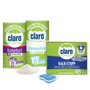 claro Waschmaschinen Paket - alles drin! Waschpulver Schneeweißchen, Kunterbunt und KalkStop Tabs