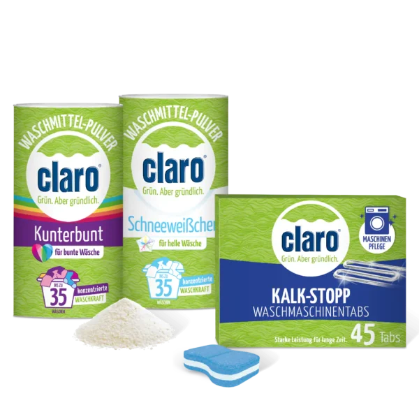 claro Waschmaschinen Paket - alles drin! Waschpulver Schneeweißchen, Kunterbunt und KalkStop Tabs
